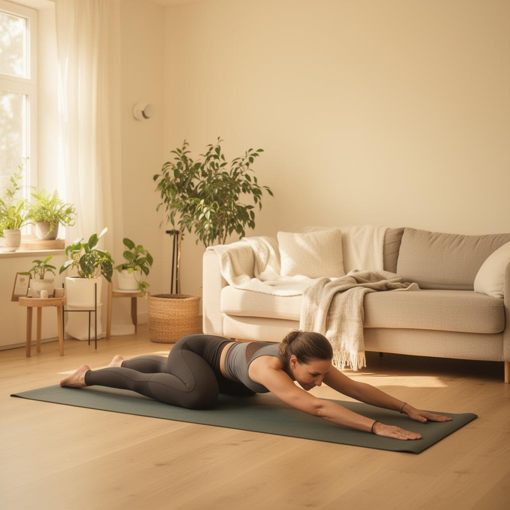 Frau macht Pilates im Wohnzimmer